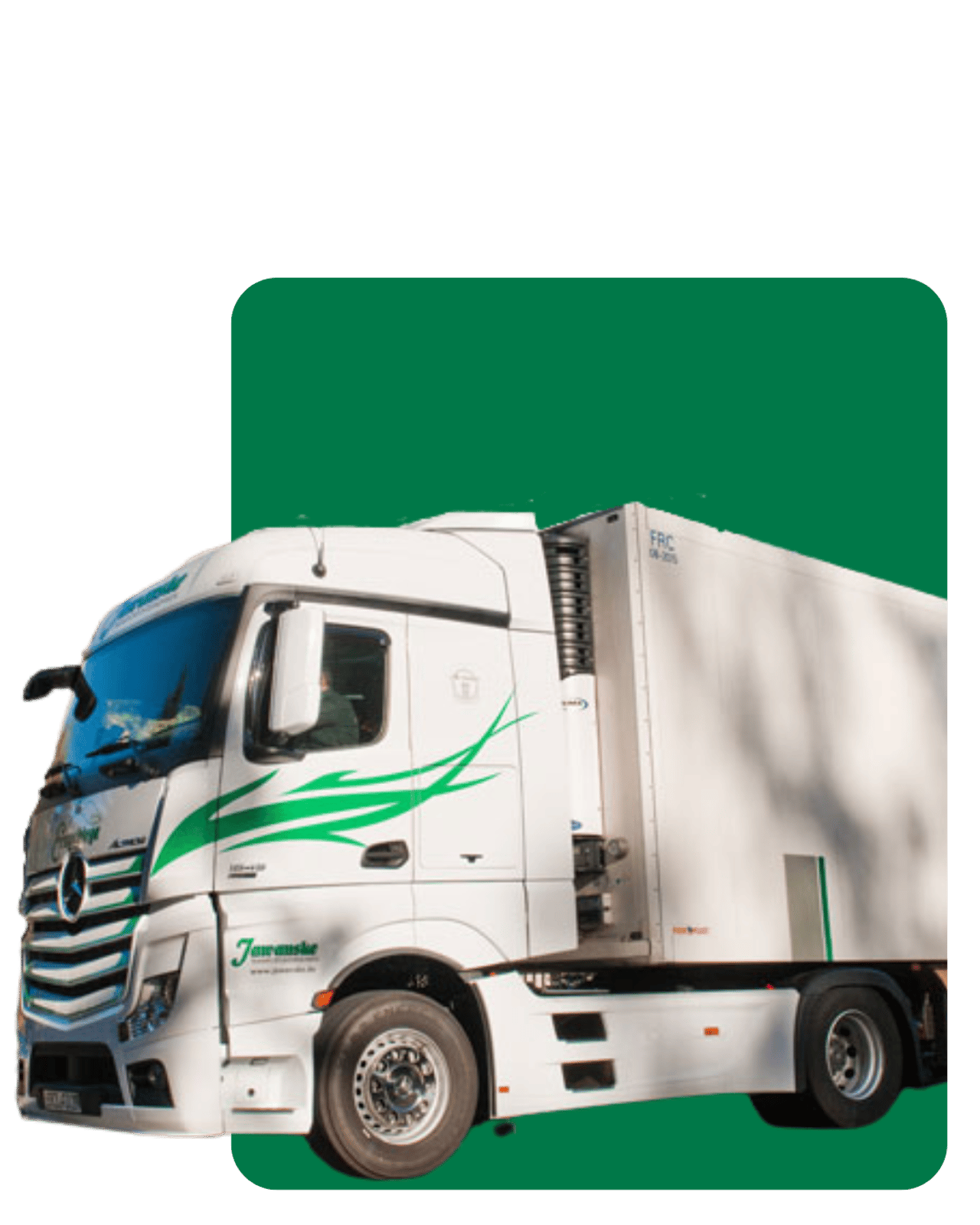 Weißer Mercedes-LKW mit grünem Firmenlogo "Jarosinski" und grünem Dekor auf der Seite, daneben ein weißer Kühlauflieger.