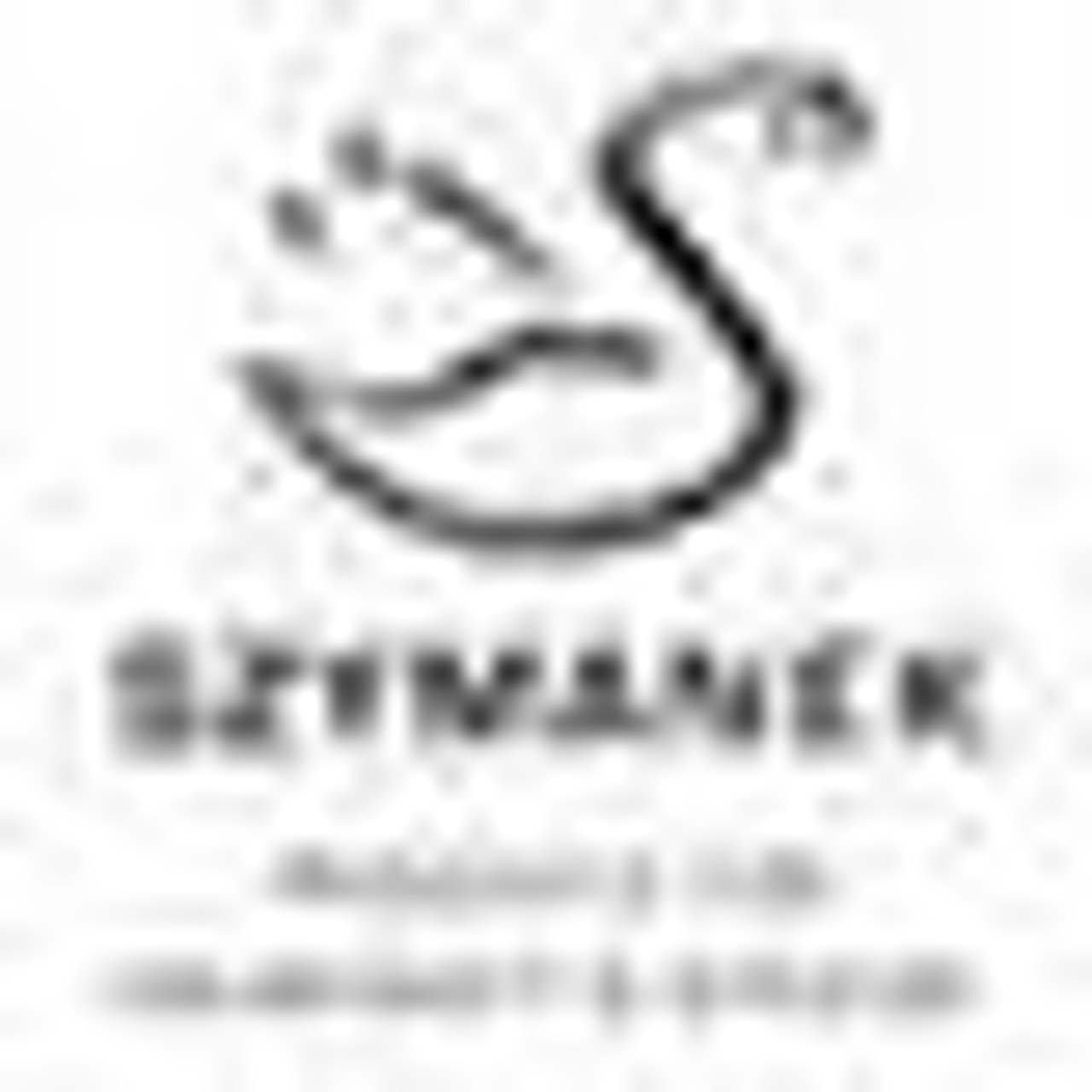 Schwarzes Schwanenlogo über dem Namen "SZYMANEK" und Kontaktinformationen.
