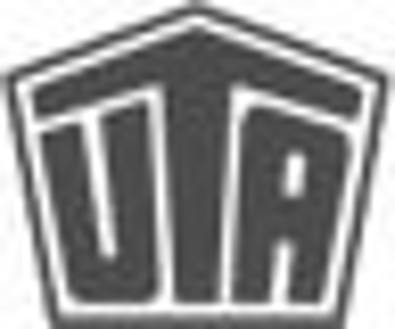 Graues, stilisiertes "UTA"-Logo in einem fünfeckigen Rahmen.